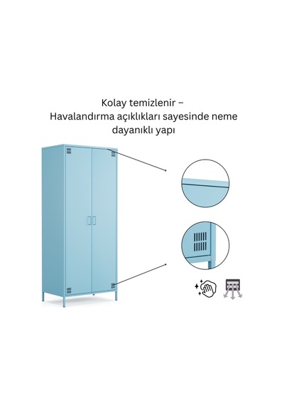 Pera Metal Elbise Dolabı, Soyunma Dolabı, İki Kapılı, 80,50 X 50 X 189,50 Cm Ral 5024 Mavi