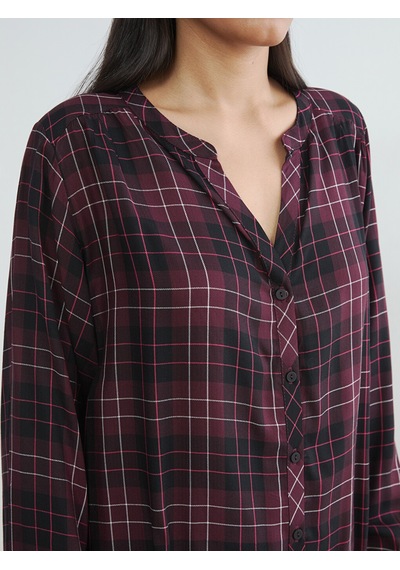 Lcw Everyday Bordo Kaçık Yaka Ekose Oversize Bluz