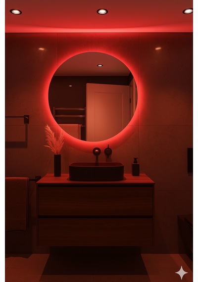Digital Hayat Kırmızı Led Işıklı Yuvarlak Ayna Dekoratif Banyo Makyaj Aynası Kırmızı