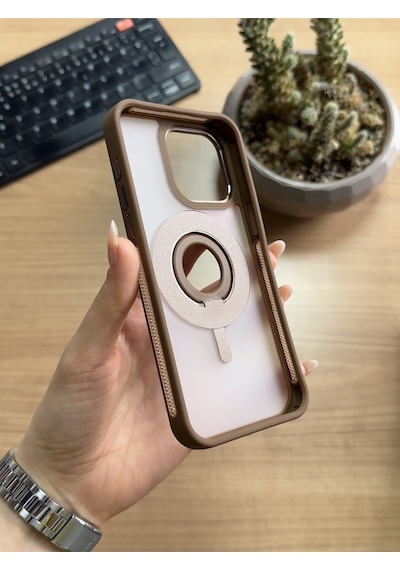 Apple Uyumlu iPhone 15 Pro Max Standlı Ve Yüzüklü Magsafe Kılıf Soocase721 Kahverengi