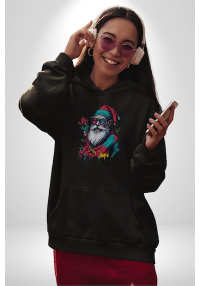 Renkli Noel Baba Yeni Nesil Gözlüklü Kadın Erkek Siyah Kapüşonlu Sweatshirt Hoodie Siyah