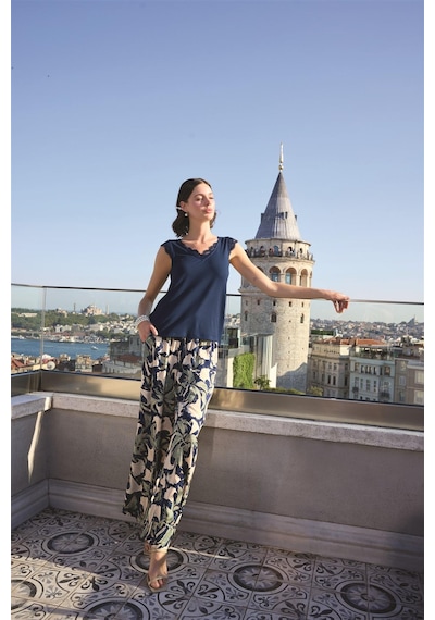 Monamise Kadın Yaprak Desenli Ve Dantelli 3'lü Pijama Takımı 24143 Lacivert