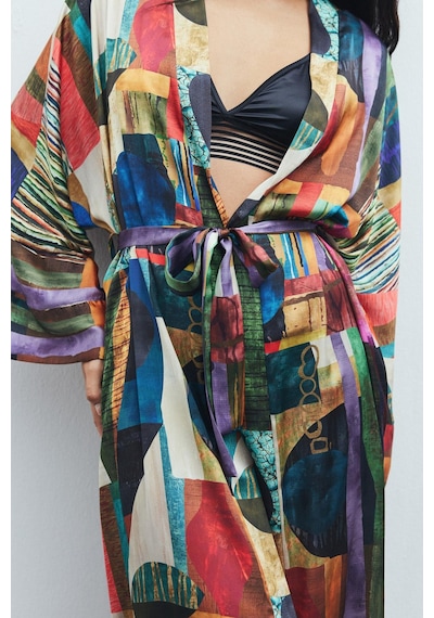 Frappant Coloré Desenli Uzun Saten Sabahlık / Kimono Çok Renkli