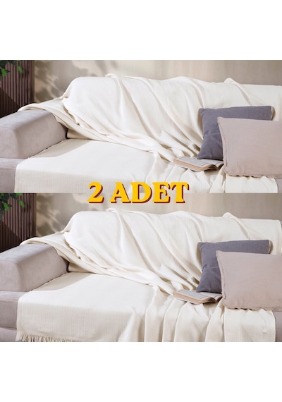 170 210 Cm Pamuklu Önden Saçaklı 170x210 Koltuk Örtüsü 2'li Paket Ekru