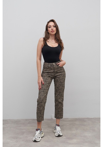 Rabia Çelik Kadın Leopar Desen Yüksek Bel Boyfit Kesim Jean Pantolon Leopar Leopar