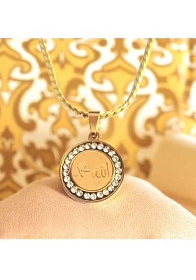 Allah Yazılı Zirkon Taşlı Çelik Kolye Ucu 9109 altın