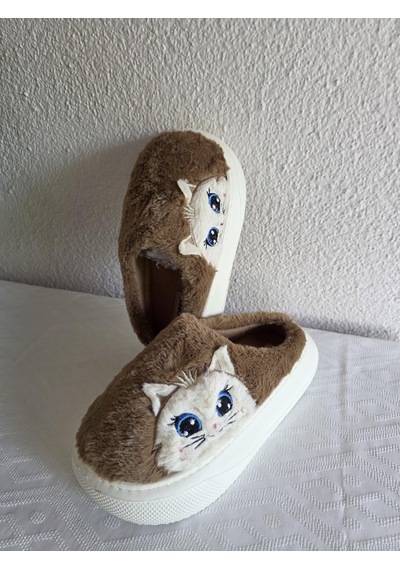 Kadın Kedili Peluş Rahat Ev Terliği 25bnt133 Camel