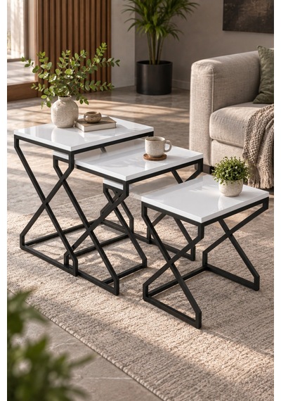 Sulorahome Modern Zigon Sehpa Seti Beyaz Ve Siyah Metal Ayaklı Beyaz Siyah Beyaz Renk- Siyah Metal Ayak