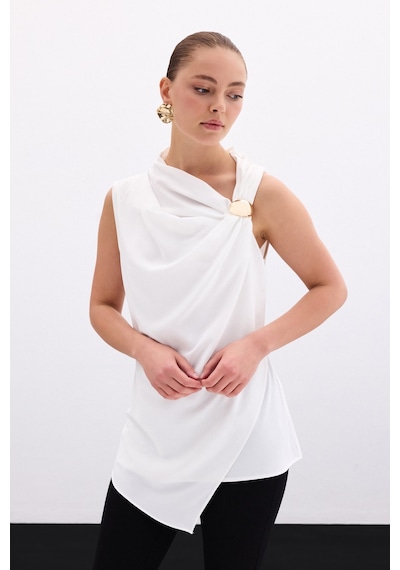 Sateen Tek Omuz Aksesuarlı Bluz - Ekru-135773 Ekru