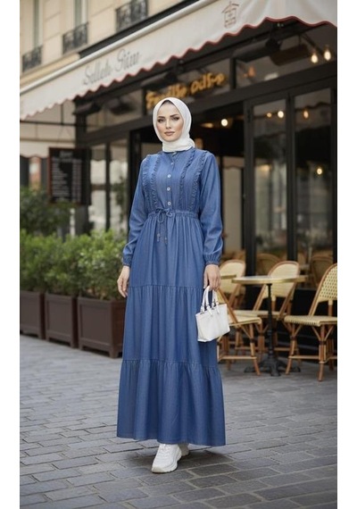 Hb Harma Time Butik Kadın Fırfır Detaylı Düğmeli Koyu Kot Mavi Elbise Koyu Mavi