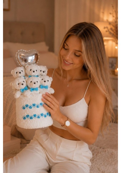 Premium Taş Süslemeli Peluş Ayıcık Buketi Mavi Papyon & Gümüş Kalp Balonlu Hediye - Sevgiliye, Kıza Hediye