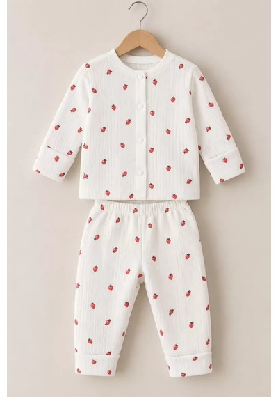 Veraura Lifestyle 3-12 Ay Çilek Baskılı Çıtçıtlı Penye Bebek Pijama Takımı ekru