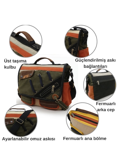 Cappadocia Vintage 4017 Haki Krem 14" Laptop Pamuk Gabardin Postacı Okul Çantası Unisex Kilitli Çok Cepli Omuz Askılı Haki - Turuncu