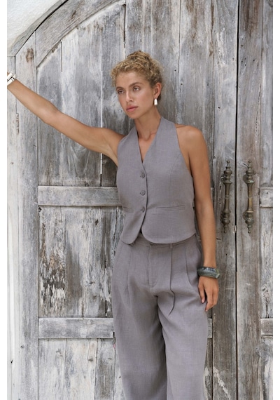 Mai Collection Mai Studios Co. Dena Sırt Dekolteli Antrasit Keten Yelek Pantolon Takım Antrasit