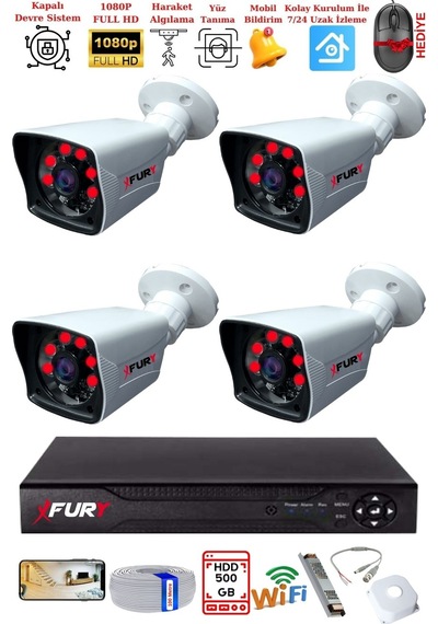 Fury 4 Kameralı 2mp Full Hd Görüntü 6 Atom Led Gece Görüşlü Dış Mekan Güvenlik Kamerası Seti 500gb