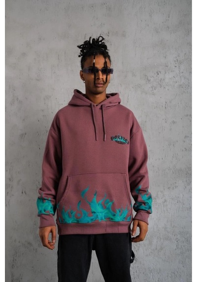 Erkek 3 İplik İçi Pamuklu Alev Baskılı Kapüşonlu Hoodie Sweatshirt - Gül Kurusu Gülkurusu
