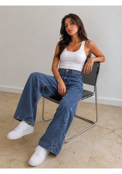 St.poll Christian 90's Orta Mavi Palazzo Salaş Paça Süper Yüksek Bel Jean Pantolon Ortamavi
