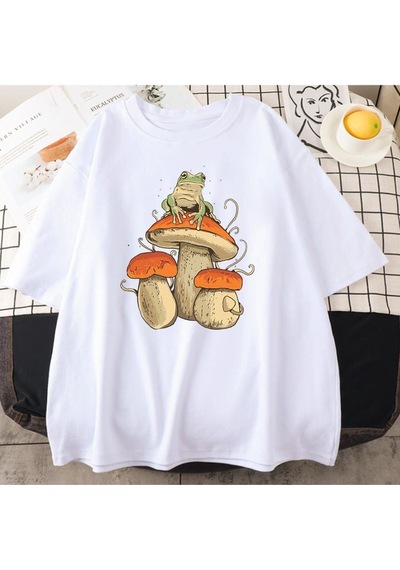 Flood Of Style Erkek Beyaz Mantar Baskılı Oversize Bisiklet Yaka Tshirt