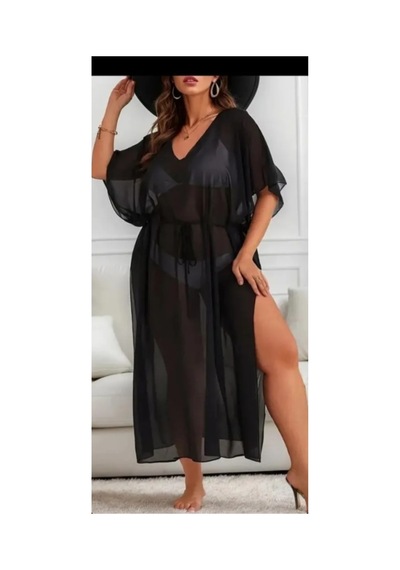 Nisanurtekstil Şifon Şeffaf Kimono Bornoz,plaj Örtüsü Siyah Siyah