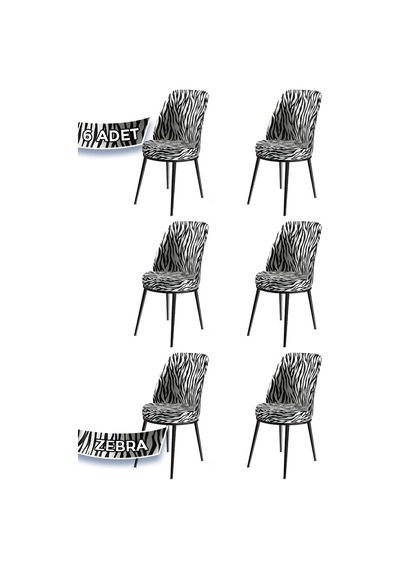 Canisa Dexa Serisi, Üst Kalite Mutfak Sandalyesi, 6 Adet Zebra Desen Sandalye, Metal Siyah Iskeletli Sandalye Zebra Desen Ayaklar Siyah
