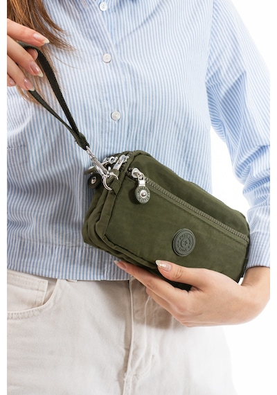 Nemo Bags Haki Unisex Cüzdan, 4 Gözlü, Telefonluk, Crinkle Kumaş, Çapraz Askılı Omuz Çantası, 20x12cm Haki