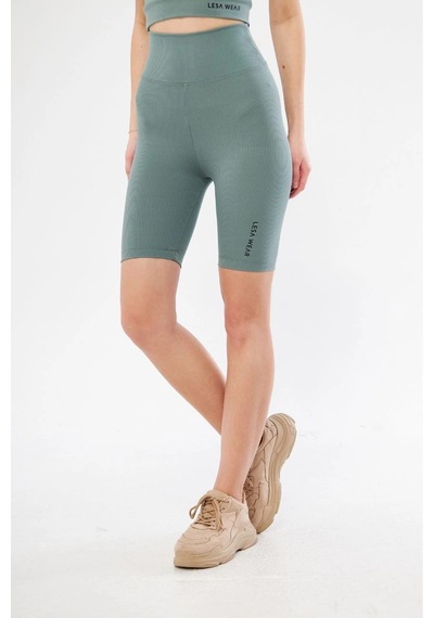 Yüksek Bel Fitilli Biker Baskılı Şort - Mint Yeşili