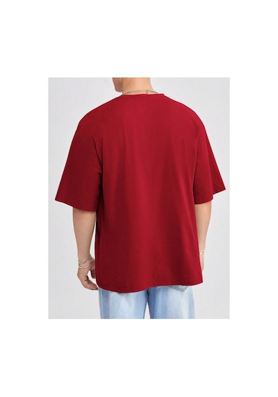 Tarz Cool Erkek Bisiklet Yaka %100 Pamuk T-shirt Kirmizi