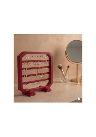 Modern Kırmızı Küpe Standı, Takı Düzenleyici, Takı Standı , Kolye Askısı , 4 Bölmeli Organizer