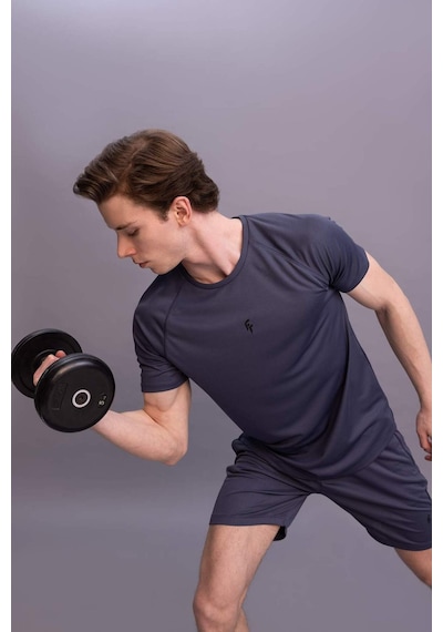 Defacto DeFactoFit Slim Fit Yaka Baskılı Sporcu Kısa Kollu Tişört V2887AZ23SPIN234 İndigo