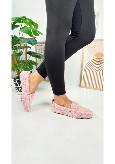 Günlük Kadın Loafer Peluş Astarlı Oval Burunlu Alçak Desenli Tabanlı Ayakkabı 375 Pudra