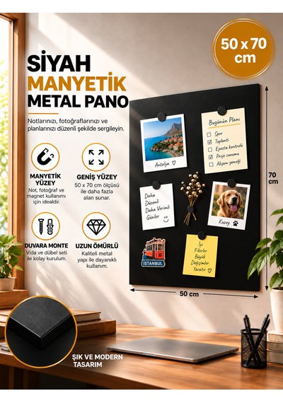 Mooly Siyah Manyetik Metal Pano 50x70 Cm, Dekoratif Fotoğraf Ve Not Panosu