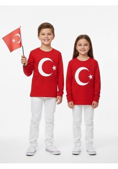 Zekids Çocuk Uzun Kollu Kırmızı Türk Bayraklı T-shirt-17210 KIrmızı