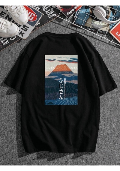 Mount Fuji Baskılı Siyah T-shirt Oversize Unisex Siyah