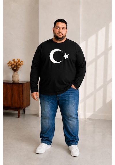 Sngl Tekstil Erkek Büyük Beden Uzun Kollu Ay Yıldız Baskılı Tişört 3xl 4xl 5xl 6xl 7xl 8xl 9xl Siyah