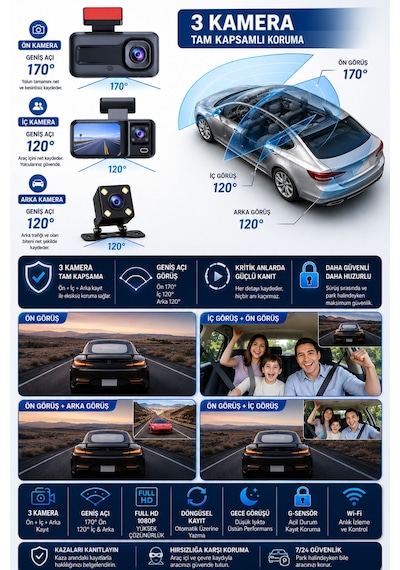 3 Kameralı Araç İçi Kamera Seti 1080p Full Hd Wi-fi Gece Görüşlü Geri Görüş Kameralı Viidure Mobil Uygulama Destekli