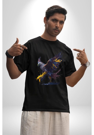 Kara Kartal Sulu Boya Pamuklu Bisiklet Yaka Unisex Oversize Boyfriend Dijital Baskılı Siyah T-shirt Siyah