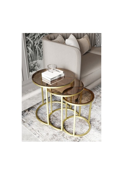 Milas C Zigon Sehpa Gold Eskitme Rengi Bronz Cam Pirinç Eskitme