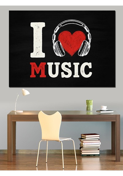 Ahşap Tablo I Love Music Kalp Kulaklık Dekoratif Tablolar