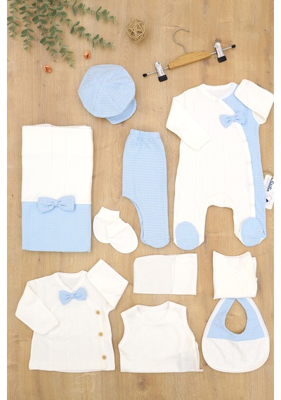 Sitilin Erkek Bebek Beyaz Mavi Natıral Pamuk Kumaş Lüks 10 Lu Hastane Çıkışı Set Stl6788 Baskılı