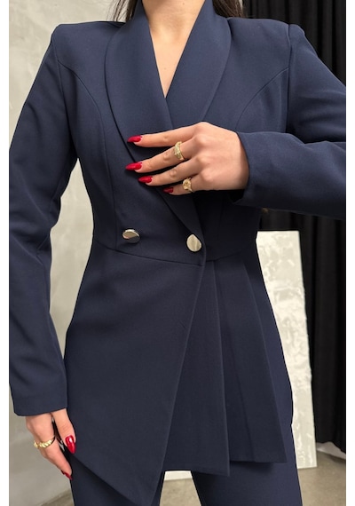 Msm Fashion Kadın İkili Blazer Ceket Pantolon Takım Pile Ve Düğme Detaylı Boru Paça Lacivert Msm Fashion Kadın İkili Blazer Ceket Pantolon Takım Pile Ve Düğme Detaylı Boru Paça Lacivert