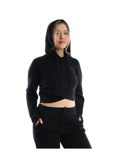 Kadın Kruvaze Detaylı Kapüşonlu Crop Sweat Siyah