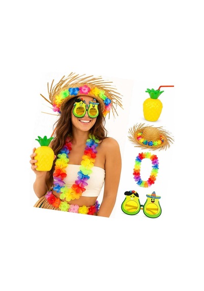 4 Parça Hawaii Parti Seti Ananas Bardak Hasır Şapka Avokado Gözlük Çiçek Kolye Evimdeyokyok