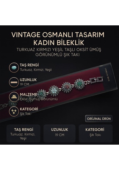 Vintage Osmanlı Tasarım Kadın Bileklik Turkuaz Kırmızı Yeşil Taşlı Oksit Gümüş Görünümlü Şık Takı Antik Gümüş