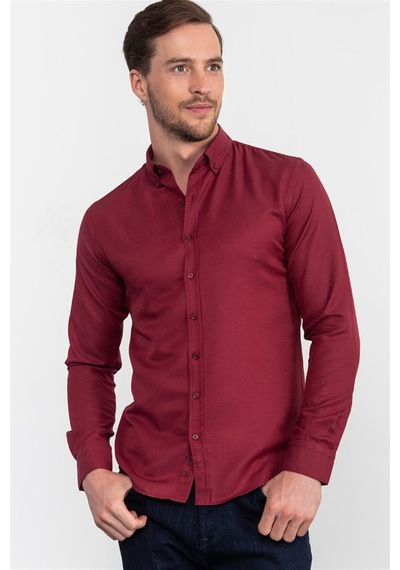 Tudors Slim Fit Dar Kesim Oxford Spor Erkek Gömlek-19646 Bordo