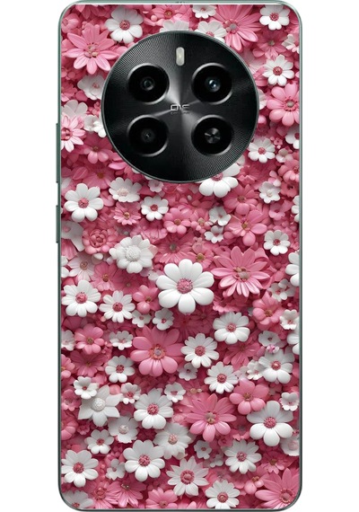 Realme 12 4g Uyumlu Beyaz Pembe Papatyalar Baskılı Silikon Kılıf Renkli