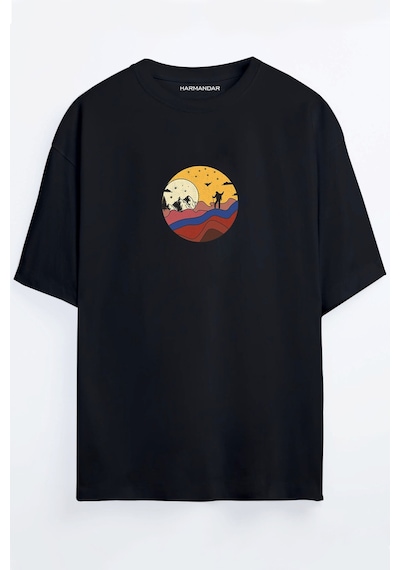 Col Adam Baskılı Unisex Siyah - Beyaz- Turuncu - Bej Oversize T-shirt SIYAH