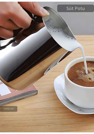 Süt Potu Paslanmaz Süt Köpürtme Sürahisi Çelik Pitcher 1000 Ml