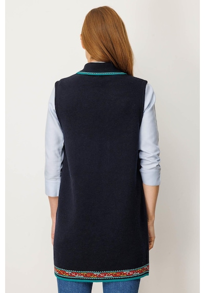 Desen Triko Polo Yaka Etek Ucu Kilim Desenli Uzun Kadın Yün Yelek 25055 Lacivert
