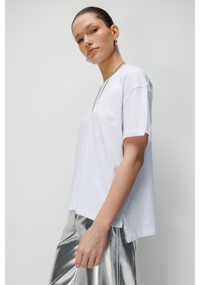 Mixray 48522 Kadın Yırtmaçlı Oversize Basic %100 Pamuk 2 Li T-shirt Beyaz Siyah Siyah - Beyaz