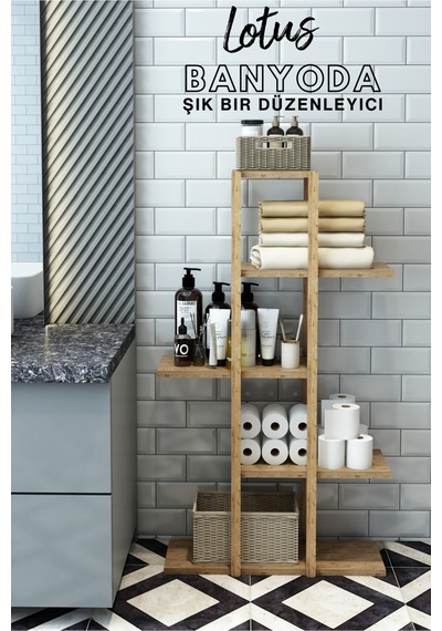 Fida Ahşap Raf Ünitesi 5 Katlı Mutfak Banyo Salon Organizer 40x108 Cm